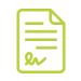 Um ícone de linha verde de um documento com uma assinatura nele.
