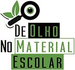 Um logotipo para de olho no material escolar com uma lupa e folhas.